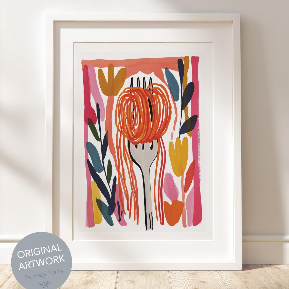 Spaghetti Fork Gouache Painting Italian Pasta Kitchen Whimsical Art Poster