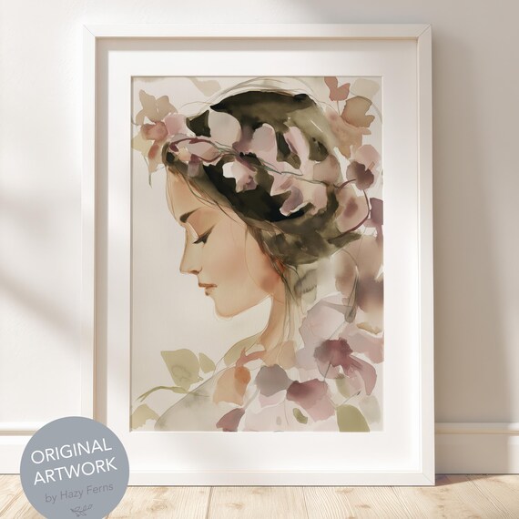 Woman With Flower Crown Watercolor Print Soft Botanical Portrait