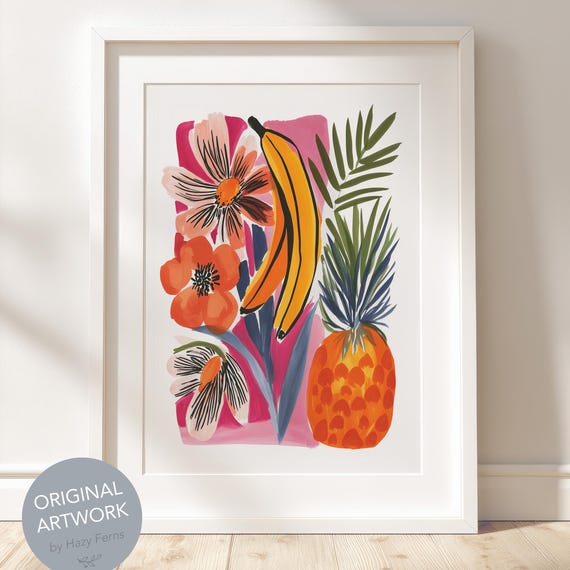 Banana And Pineapple Gouache Art Print Tropical Modern Kitchen Decor