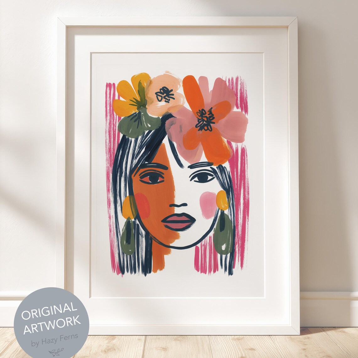 Woman Gouache Portrait Art Poster Floral Crown Colorful Modern Wall Decor