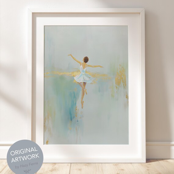 Pastel Ballerina Minimalist Oil Painting Elegant Blue Gold Dance Room Decor