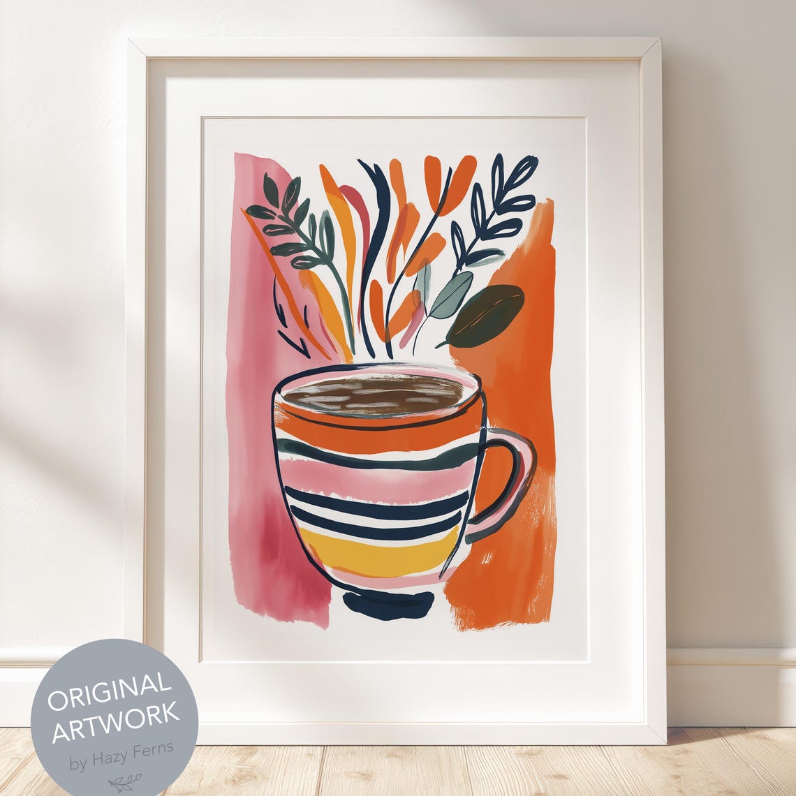 Striped Coffee Mug Gouache Art Poster Colorful Kitchen Botanical Decor
