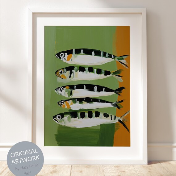Midcentury Sardine Fish Row Retro Green Kitchen Decor Art Print