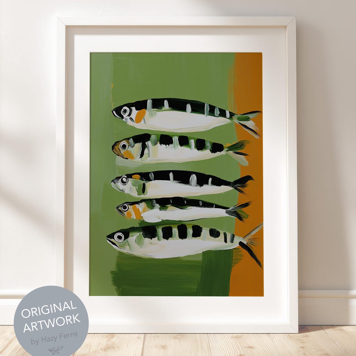 Midcentury Sardine Fish Print Retro Green Kitchen Wall Art