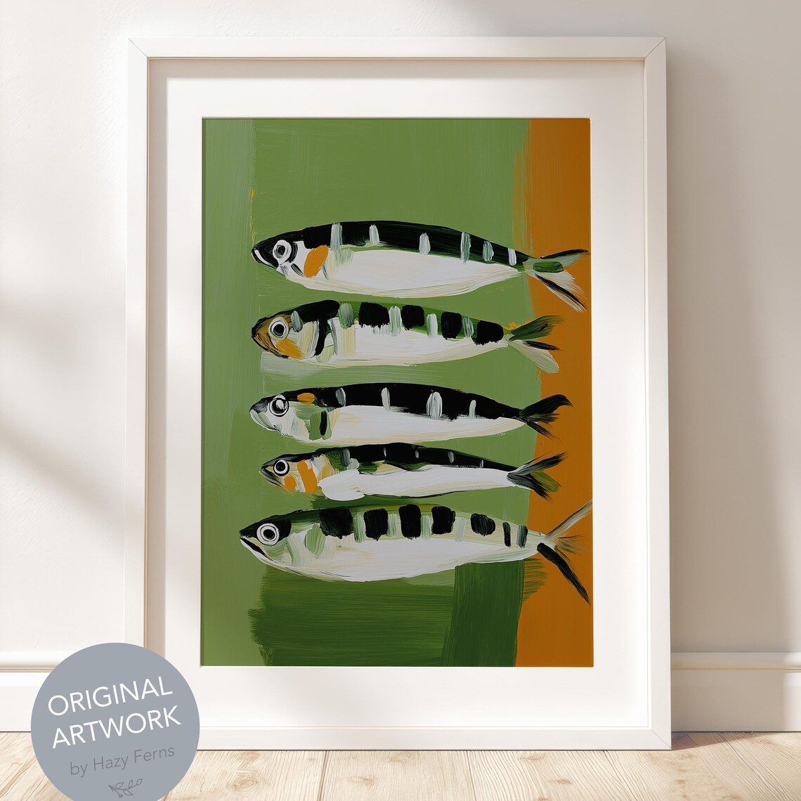 Midcentury Sardine Fish Row Retro Green Kitchen Decor Art Print