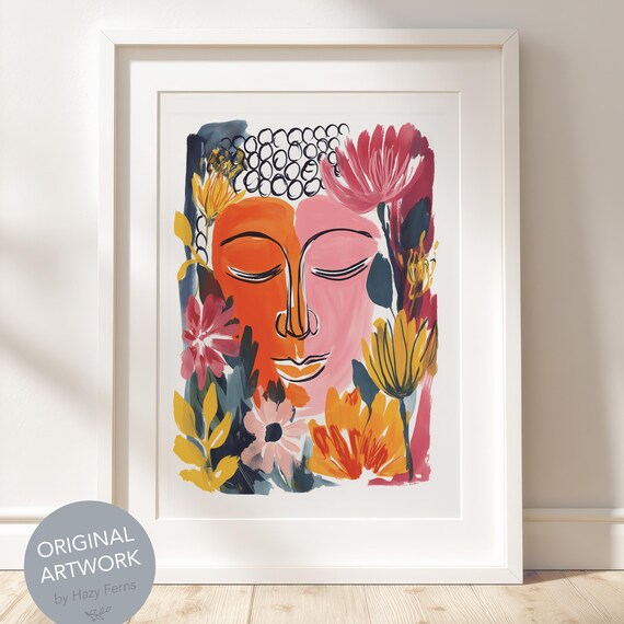Buddha Face Gouache Art Print Colorful Spiritual Zen Decor