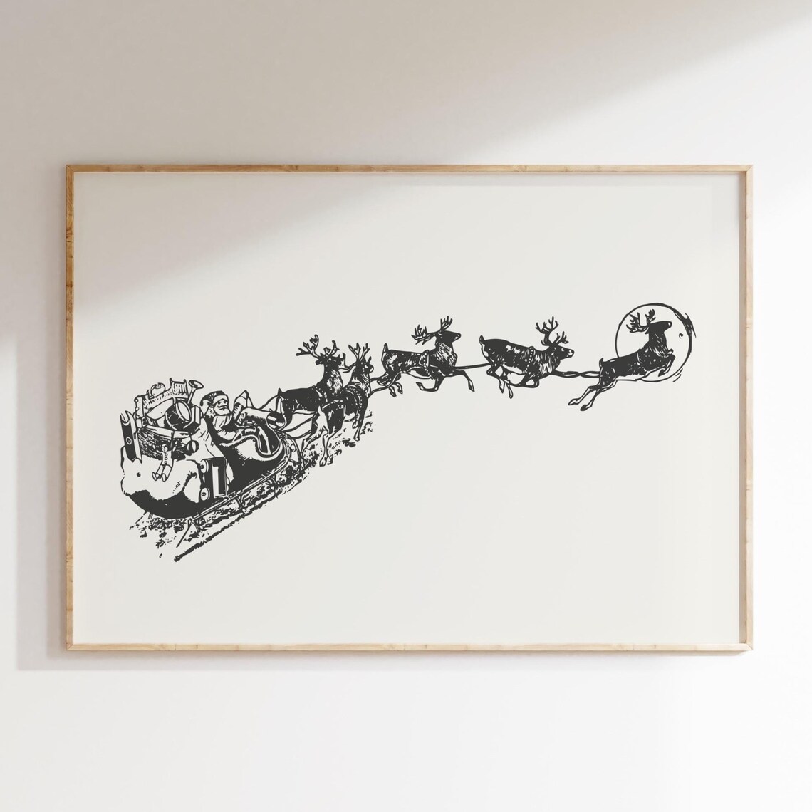 Vintage Classic Santa Claus Sleigh Reindeer Christmas Wall Art