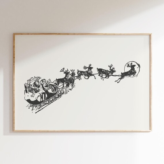 Vintage Classic Santa Claus Sleigh Reindeer Christmas Wall Art