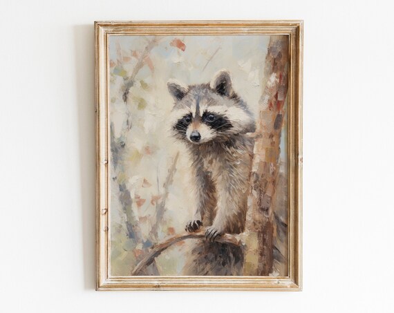 Muted Curious Raccoon in Autumn Woods Vintage Oil Painting Poster