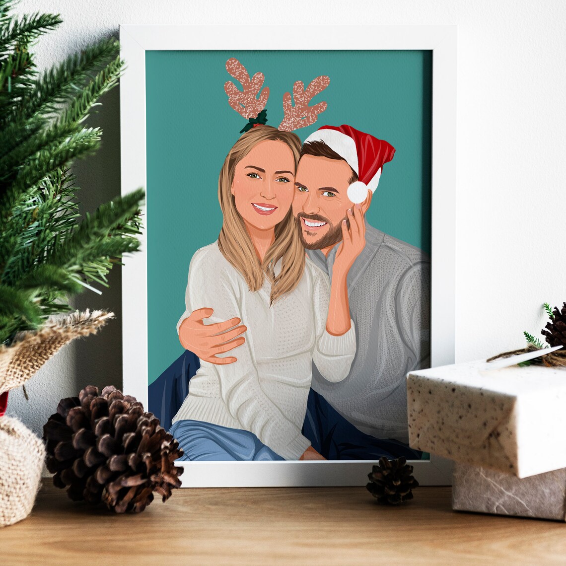 Warm Cozy Christmas Couple in Santa Hats Loving Embrace Poster - Image 2