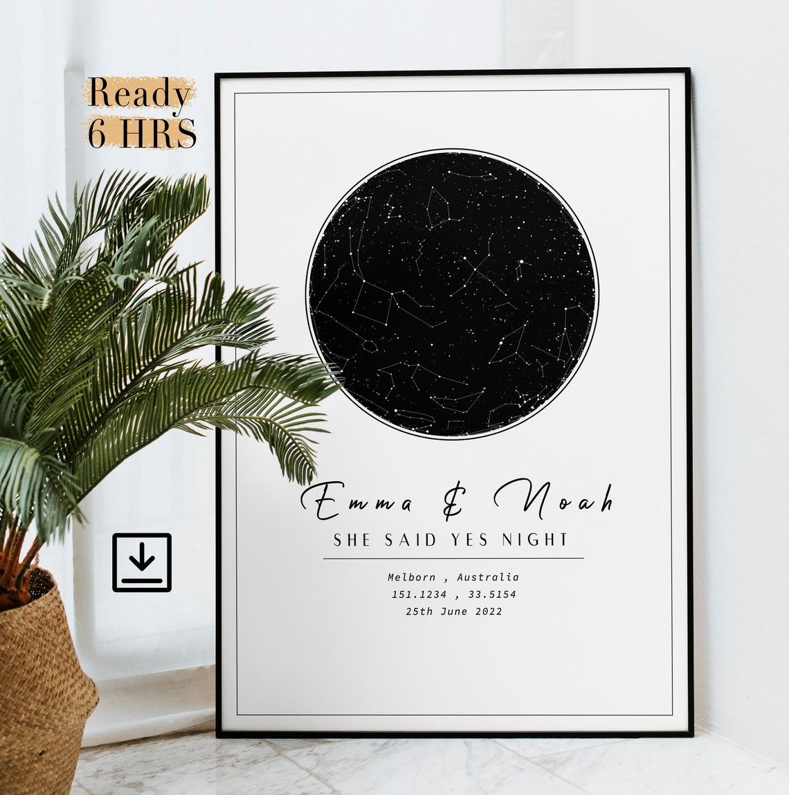 Custom Personalized Black Night Sky Engagement Star Map Print