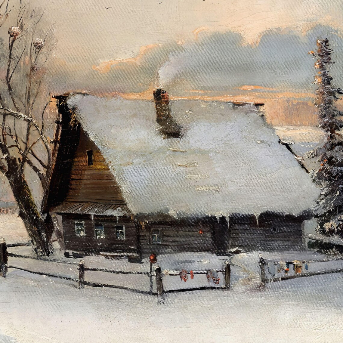 Antique Snowy Landscape, Rustic Cabin Winter Art Print - Image 2