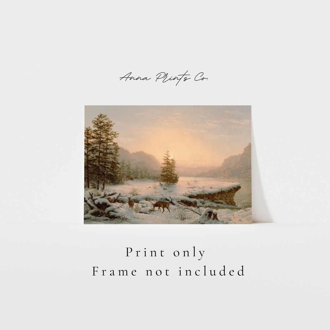 Winter Sunset Deer By A Frozen Lake Snowy Pines Vintage Art Print - Image 3