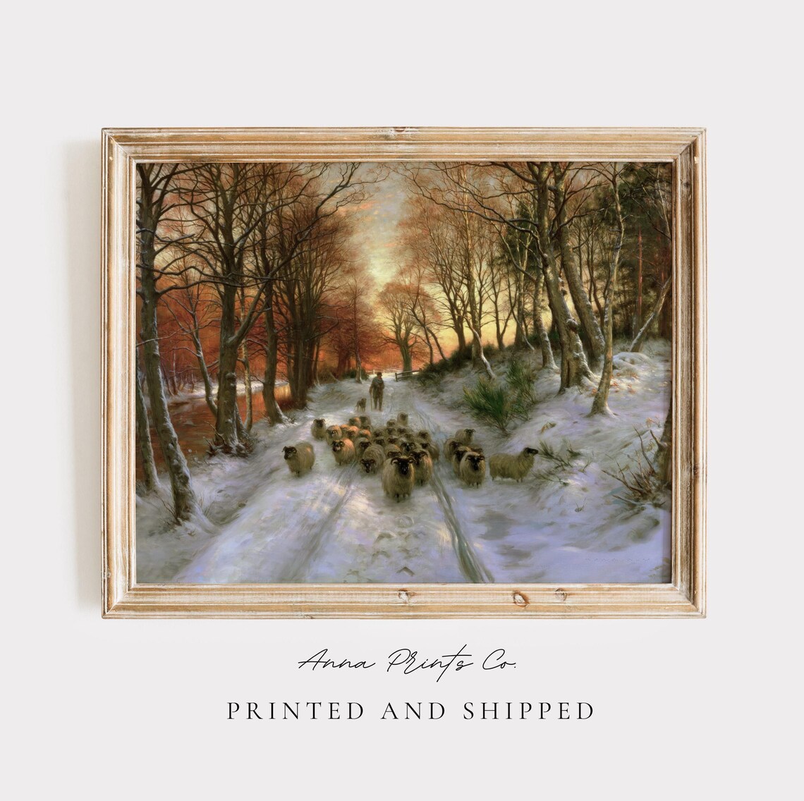 Vintage Sheep in a Winter Landscape, Seasonal Art Print