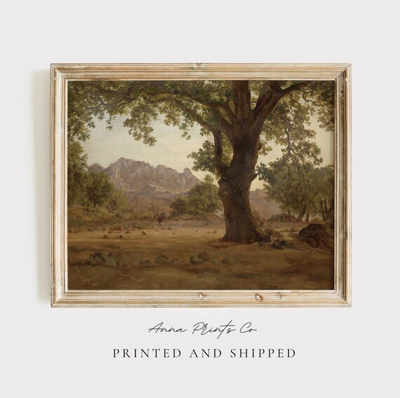 Mailed Gicle Print Antique Tree With Mountain Landscape Painting 19th Century Artwork Reproduction Vintage Nature Fine Art Decor