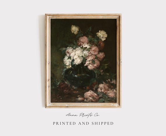Mailed Gicle Print Still Life With Roses Vintage Oil Painting Antique Moody Floral Artwork Dark Academia Decor Cottage Home Artwork