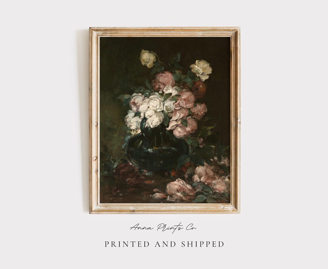 Moody Roses Still Life Oil Painting Print Dark Floral Antique Wall Art