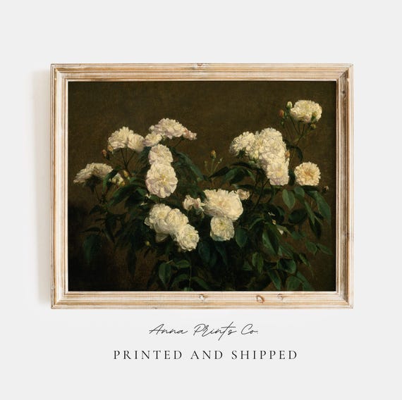 Vintage White Roses Still Life, Cottage Farmhouse Art Print