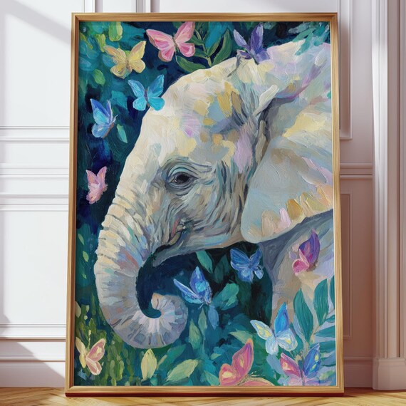 Elephant Surrounded By Colorful Butterflies Painterly Wildlife Wall Art