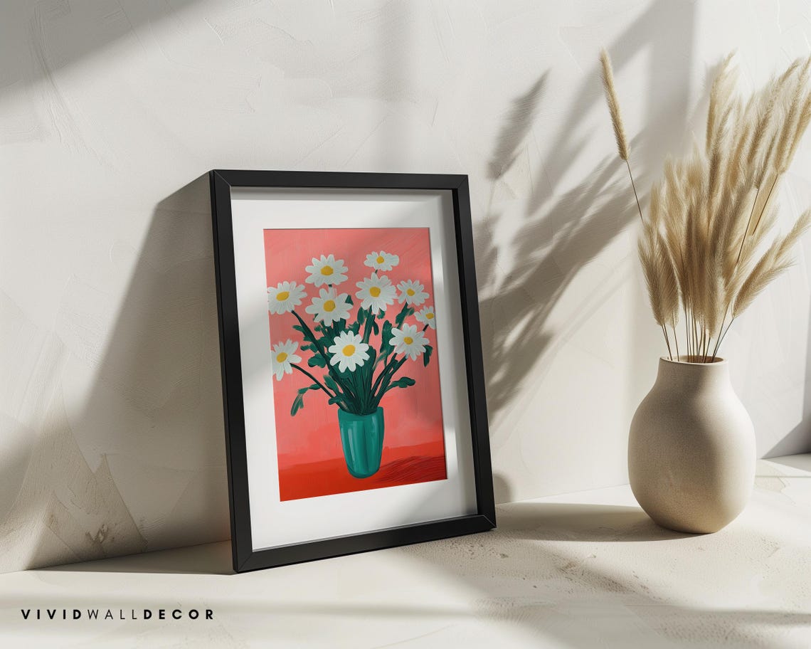 White Daisies in Teal Vase on Coral Background Floral Art Poster - Image 2