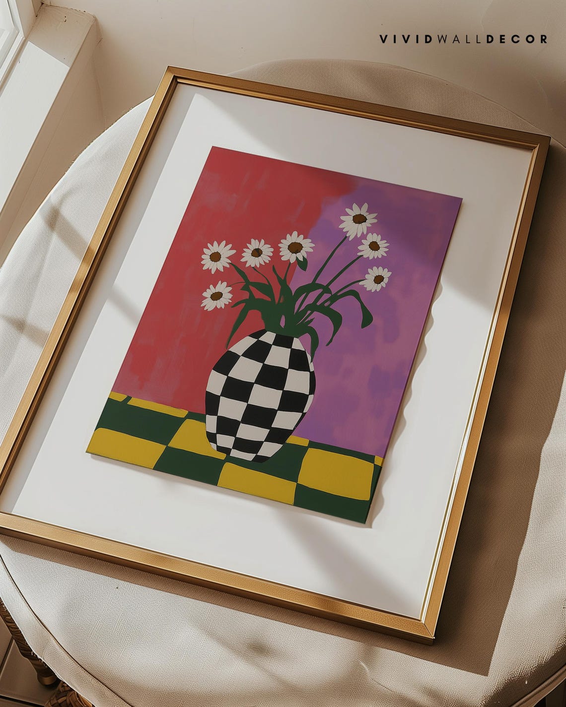 White Daisies In Checkered Vase Eclectic Retro Floral Wall Poster - Image 3