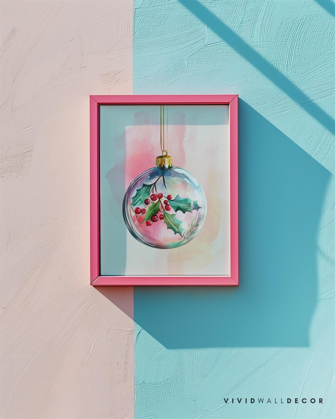 Glass Christmas Ornament With Holly Art Poster Pink Holiday Wall Decor - Image 3