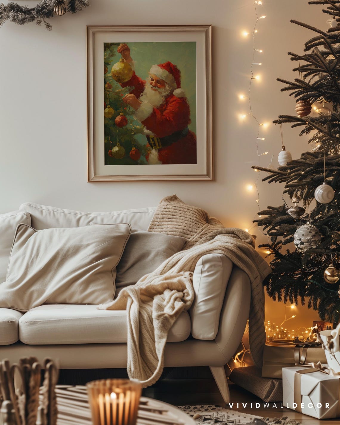 Santa Claus Decorating Christmas Tree In Vintage Style Poster - Image 4