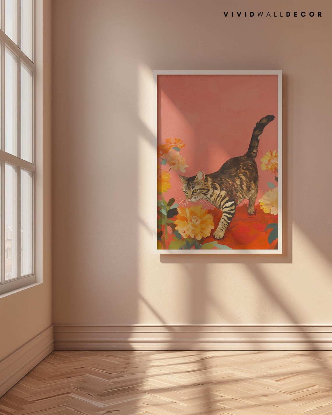 Tabby Cat Floral Art Print, Pink and Orange Poster - Image 4