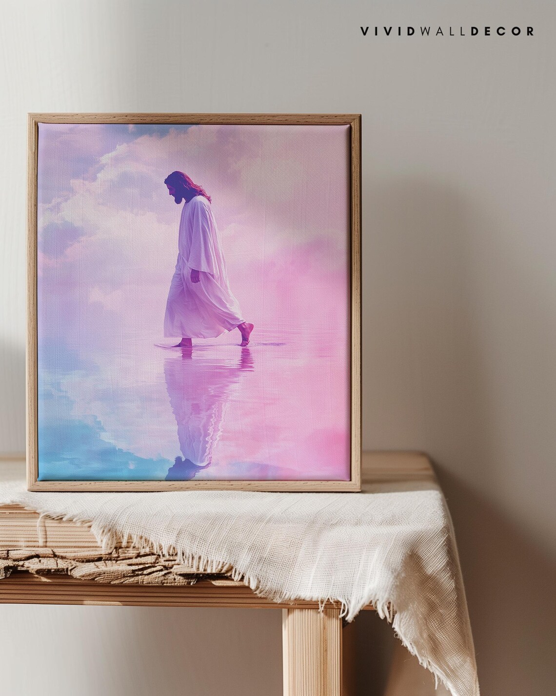 Jesus Walking on Water Beneath Pink and Purple Light Art Poster - Image 2
