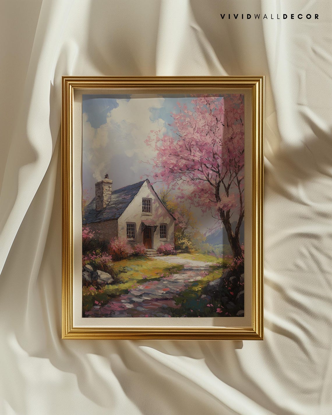 Charming Spring Cottage with Pink Blossom Tree Rustic Art Poster - Image 2