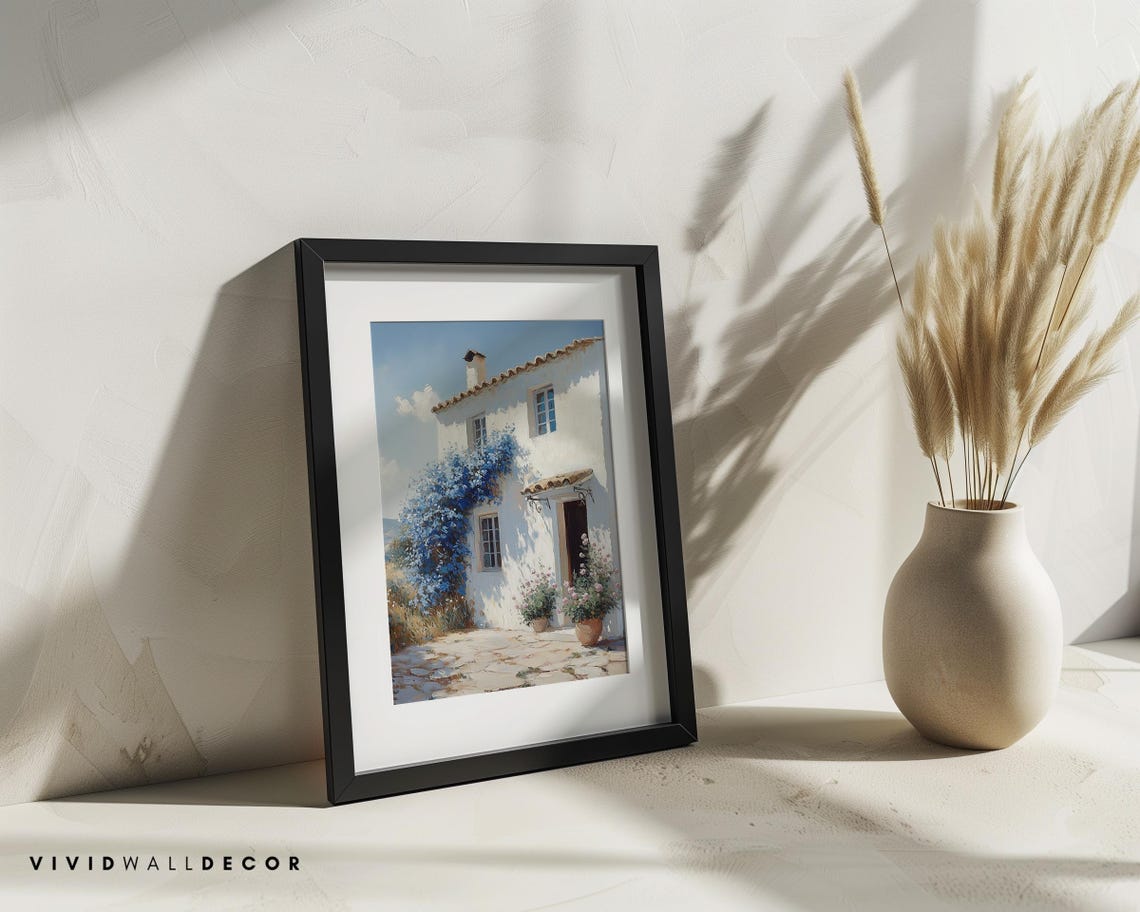 White Mediterranean Cottage with Blue Bougainvillea Sunny Poster - Image 3