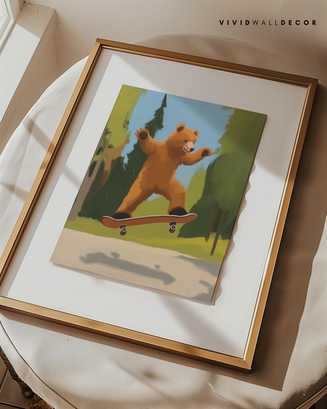 Brown Bear Riding Skateboard in Forest Playful Kids Art Poster - Image 3