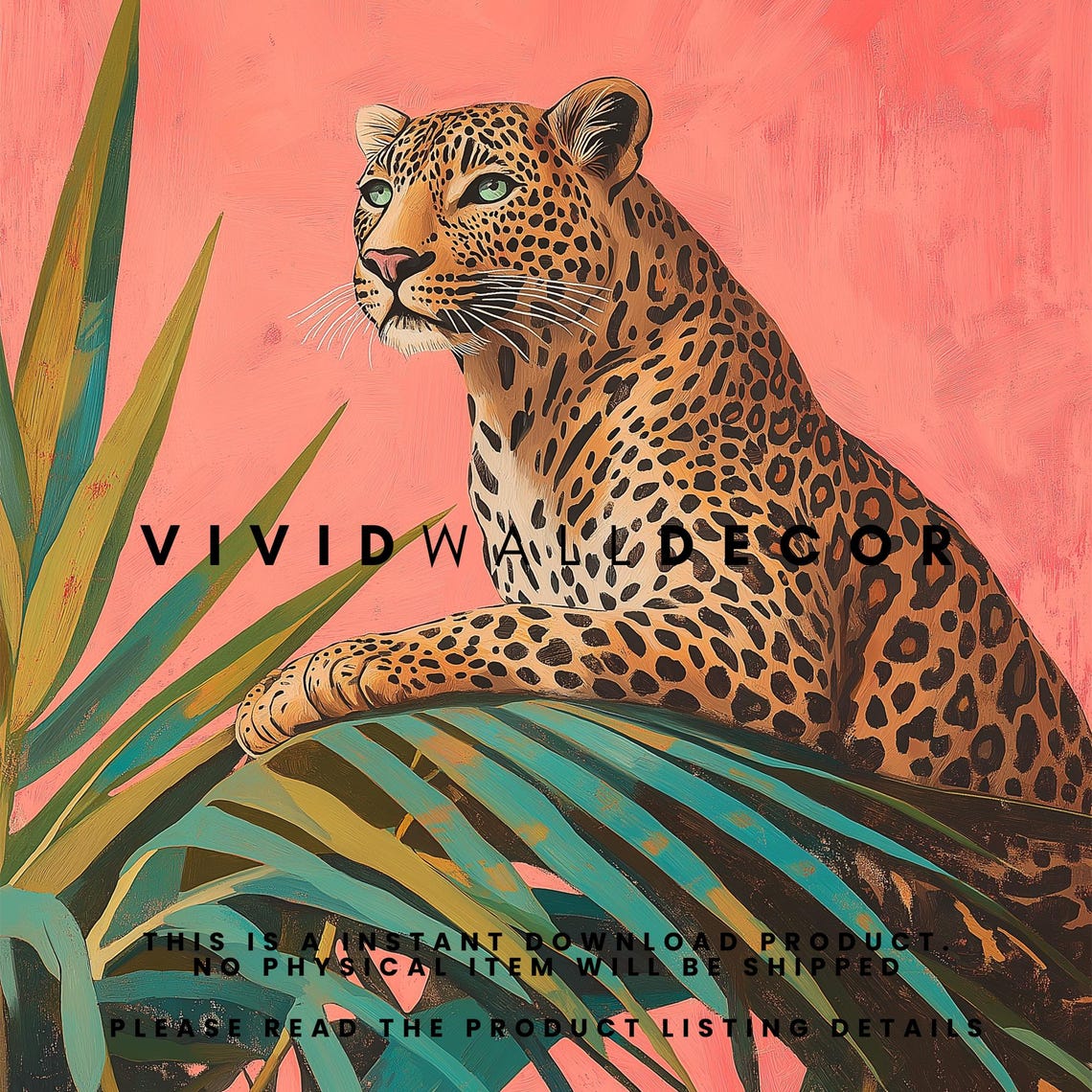 Spotted Leopard Resting on Palm Leaves Pink Background Art Poster - Image 2