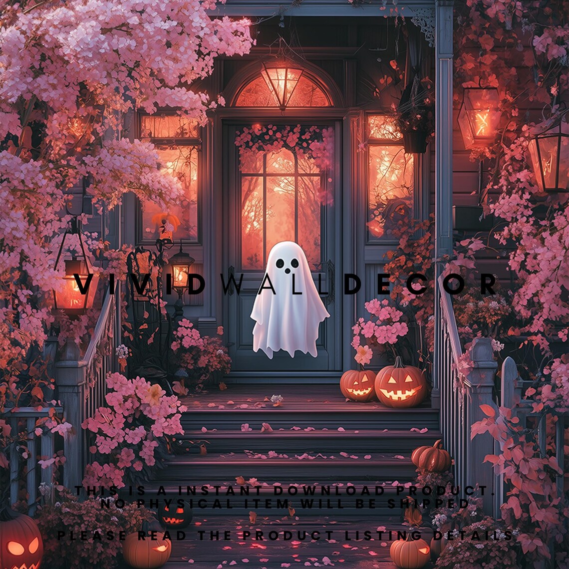 Cute Ghost on Haunted Porch Halloween Art Poster Spooky Fall Wall Decor - Image 2