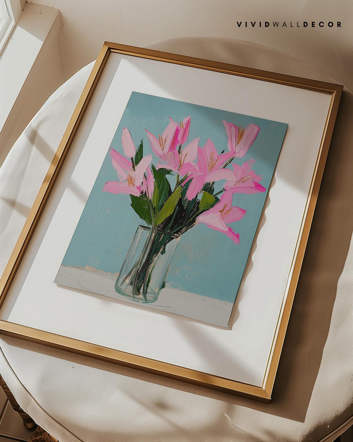 Pink Lilies in Glass Vase on Teal Background Floral Art Poster - Image 3