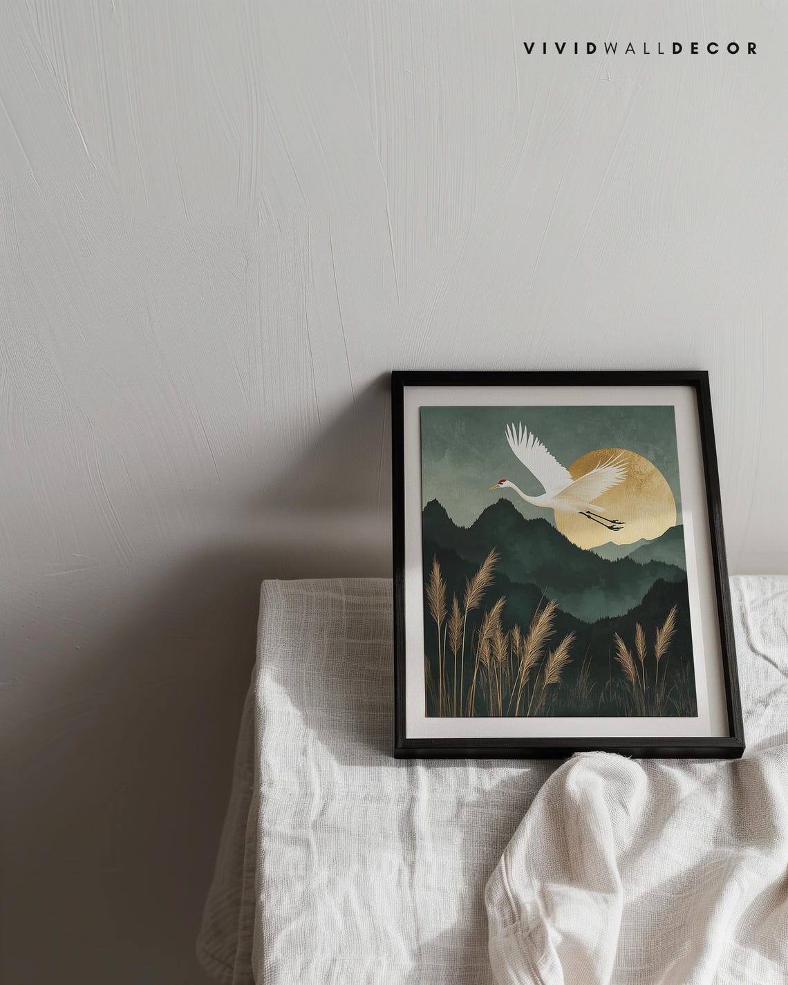 Crane Flying Under a Golden Moon Over Misty Mountains Wall Poster - Image 2