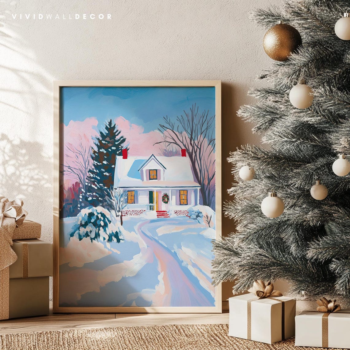 Snowy White Cottage With Wreath And Windows Under Pink Clouds Poster - Image 4