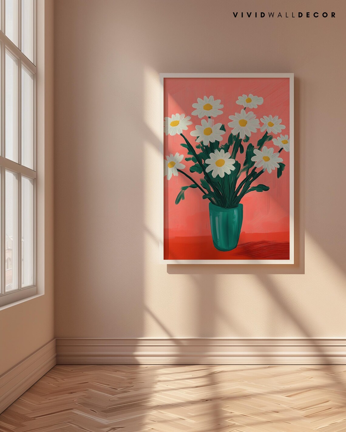 White Daisies in Teal Vase on Coral Background Floral Art Poster - Image 4