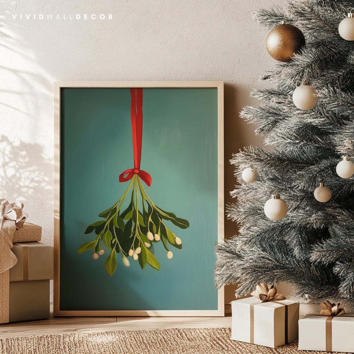 Fresh Mistletoe With Red Ribbon On Deep Green Minimalist Poster - Image 4