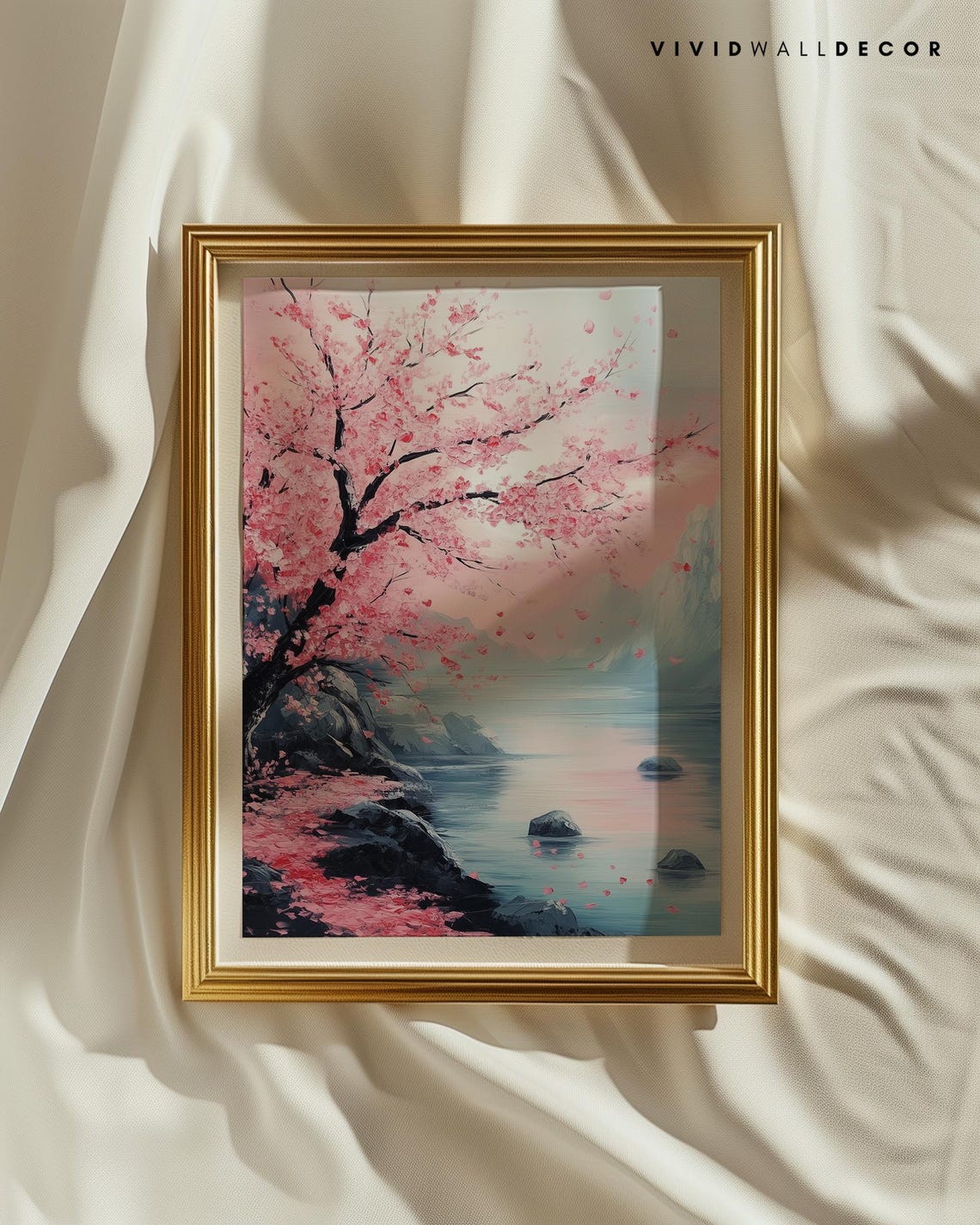 Pink Cherry Blossom Over Misty Lake Japanese Landscape Poster - Image 2