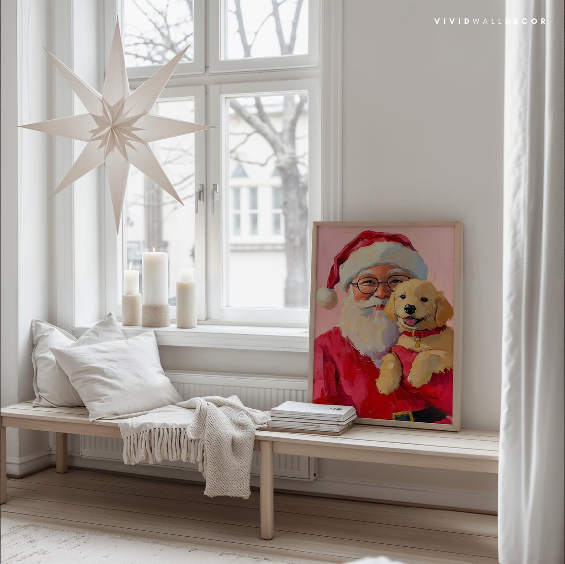 Santa With Golden Puppy Art Poster Pink Christmas Holiday Wall Decor - Image 3