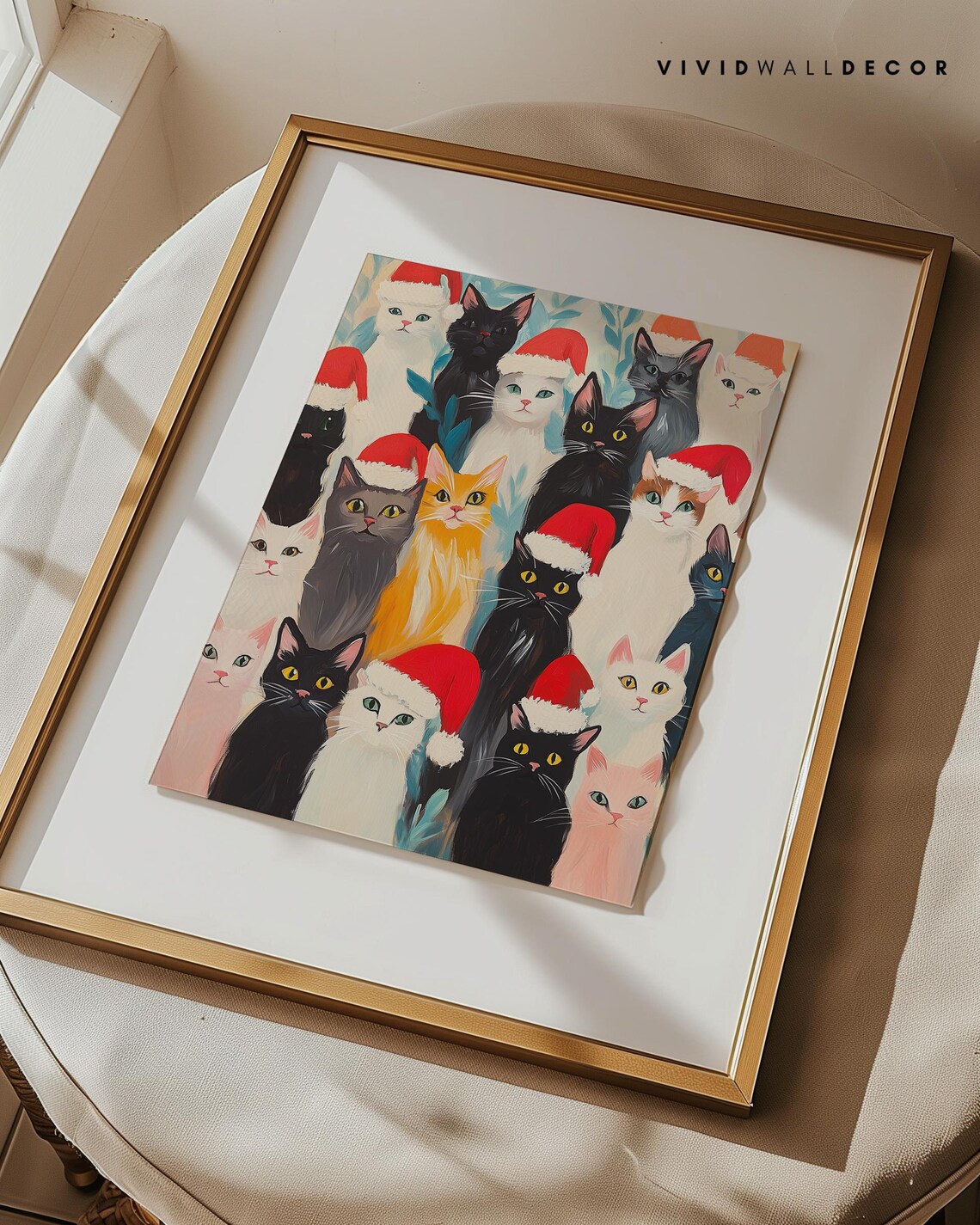 Festive Cat Crowd With Santa Hats Colorful Christmas Cat Lover Poster - Image 3