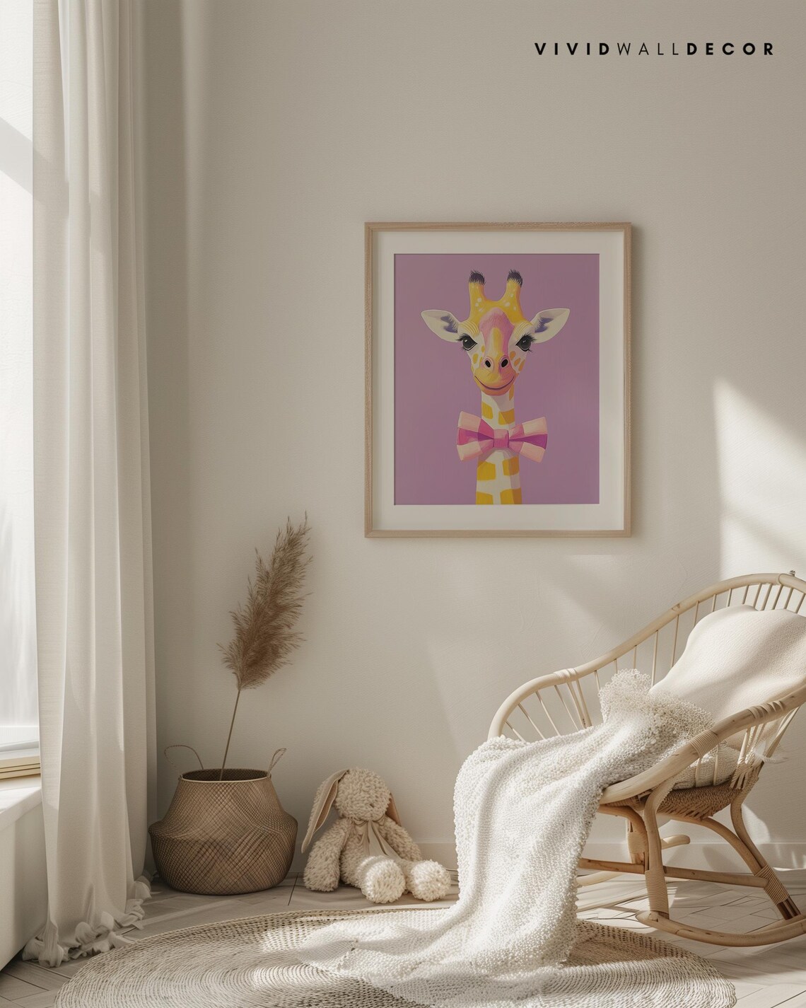 Sweet Yellow Giraffe With Pink Bow on Purple Kids Nursery Poster - Image 4
