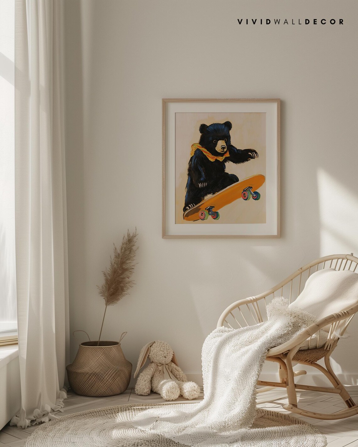 Black Bear Cub on Orange Skateboard Playful Kids Room Art Poster - Image 4