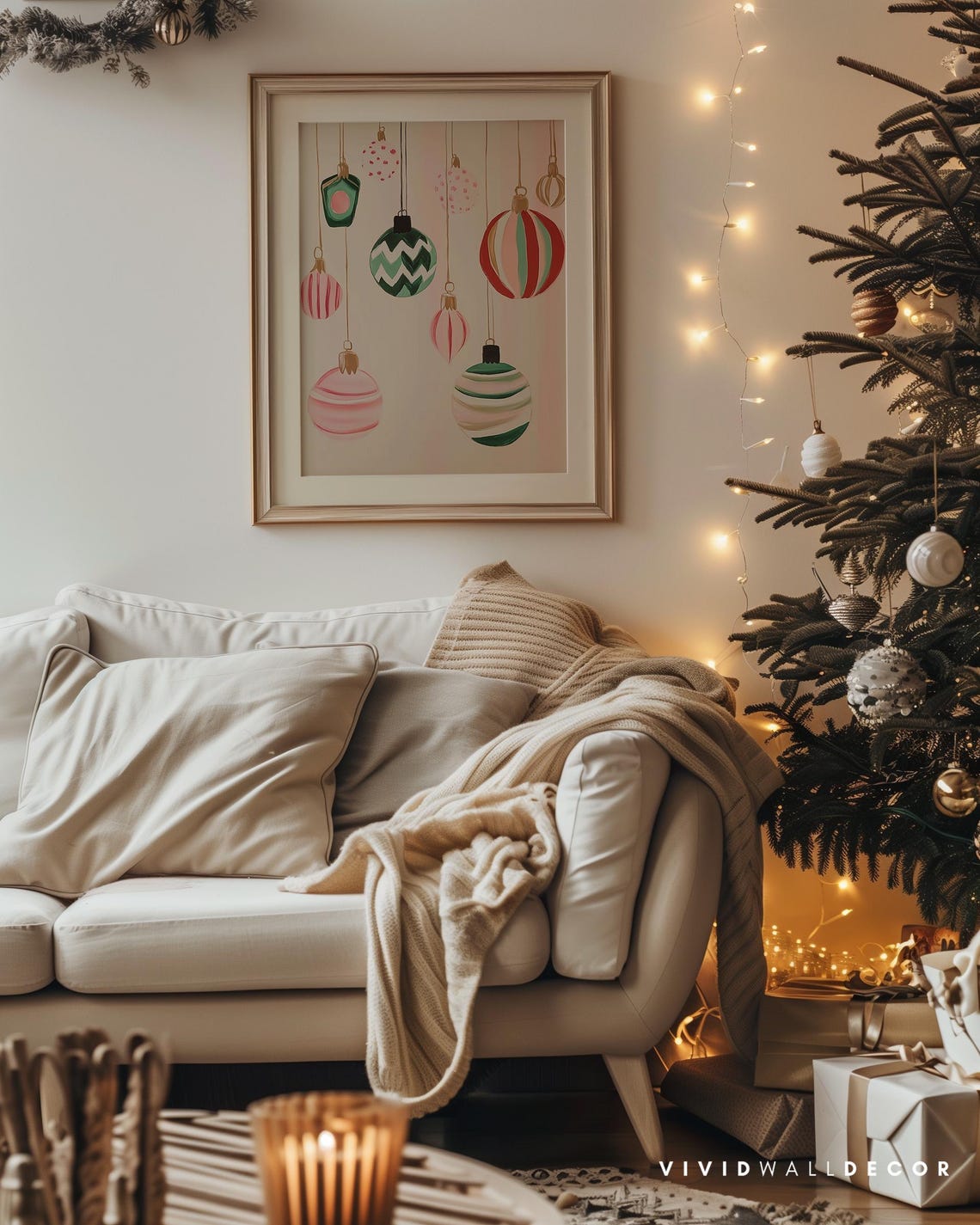Pastel Striped Christmas Ornaments Hanging Minimalist Poster - Image 4
