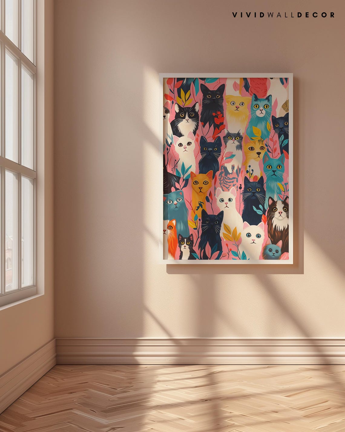 Colorful Cats Collage With Foliage Pink Cat Lovers Art Poster - Image 4