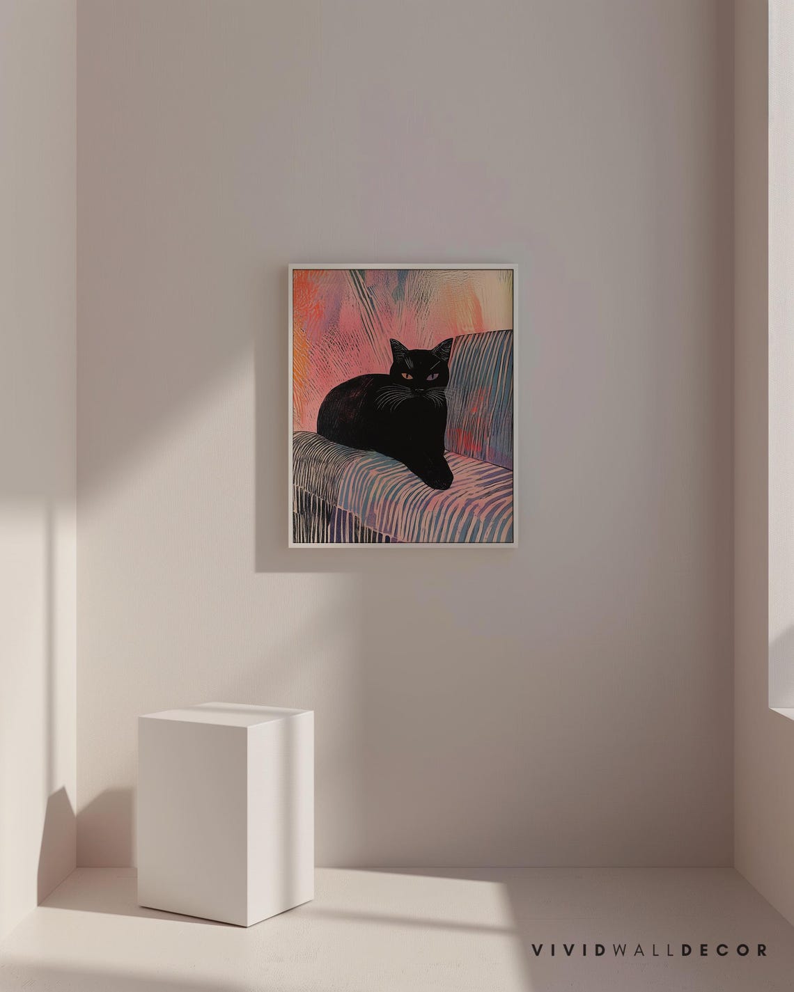 Black Cat Lounging On Striped Pink Sofa Modern Retro Art Poster - Image 4