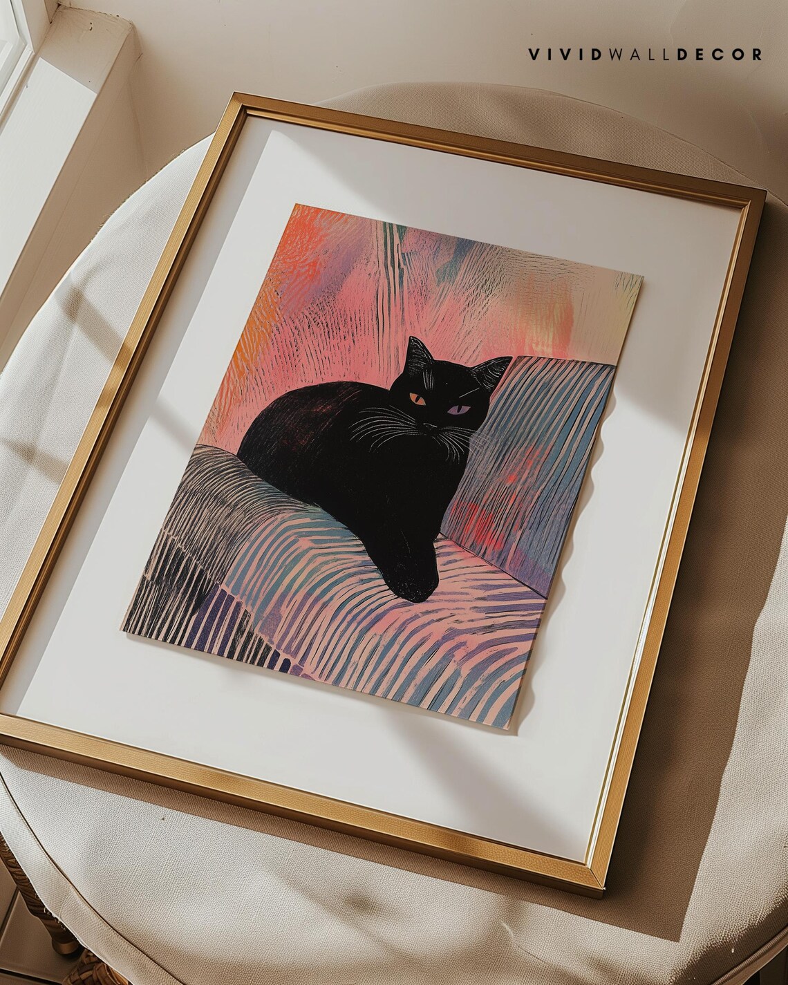 Black Cat Lounging On Striped Pink Sofa Modern Retro Art Poster - Image 3