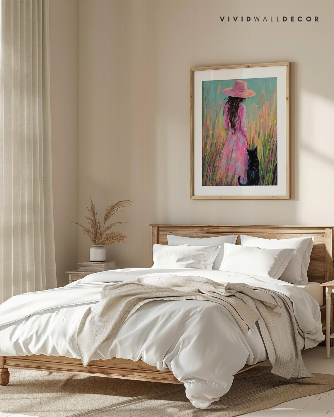 Romantic Woman in Pink Dress with Black Cat Meadow Art Poster - Image 4