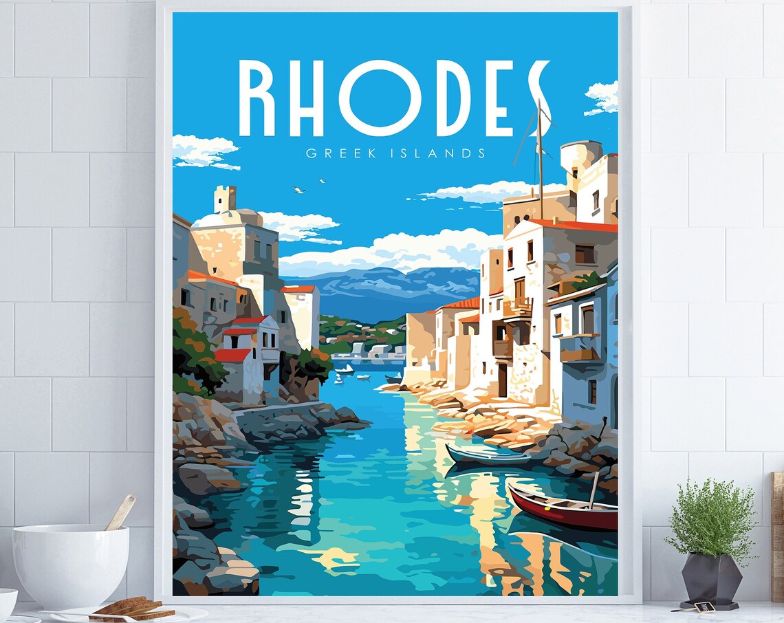 Rhodes Harbor Greece Turquoise Blue Water Vintage Travel Poster